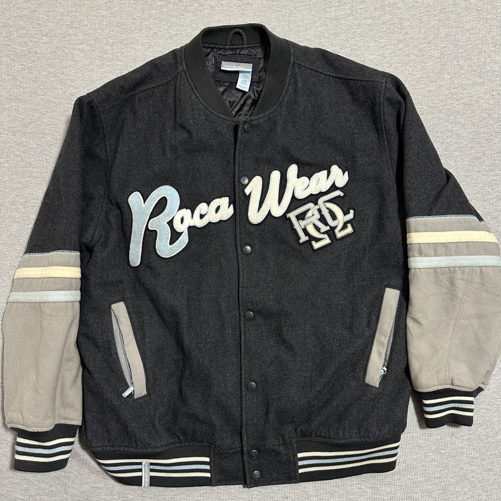 Rocawear Mens 2XL Dark Gray Wool Blend Varsity Bomber Jacket Script Logo Y2K